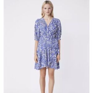 SUNCOO Blue White Patterned Mini Dress Printed Cisse Wrap Dress